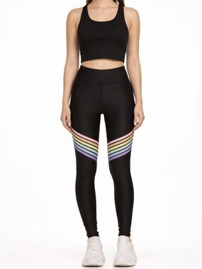 PopRAGEous Rainbow Chevron Leggings Black High Waist Athletic